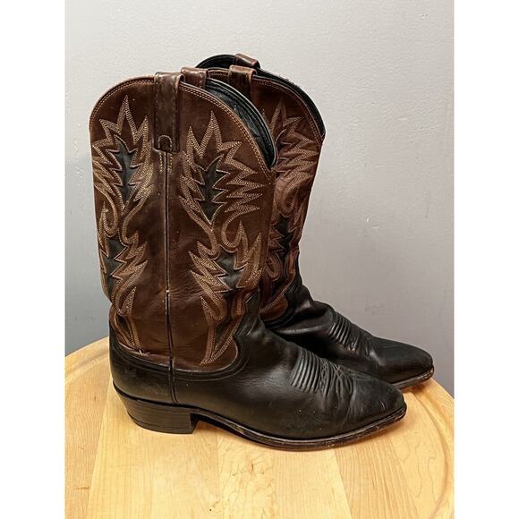 DAN POST Cowboy Western Boots Mens 9D 16809 Leather Black Brown Embroidery - Picture 1 of 9
